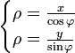 egin{cases}
ho=frac{x}{cos{varphi}}  
ho=frac{y}{sin{varphi}}end{cases}