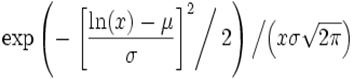 expleft(-left.left[frac{ln(x)-mu}{sigma}
ight]^2
ight/2
ight) left/ left(xsigmasqrt{2pi}
ight) 
ight.