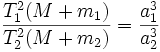 frac{T_1^2(M+m_1)}{T_2^2(M+m_2)} = frac{a_1^3}{a_2^3}