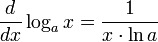 frac {d} {dx} log_a x = frac {1} {x cdot ln a}