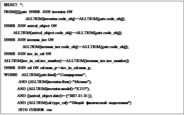 : SELECT *;&#13;&#10;FROM((((gate INNER JOIN inventar ON     &#13;&#10;                     ALLTRIM(inventar.code_obj)==ALLTRIM(gate.code_obj));  &#13;&#10;INNER JOIN arrival_object ON  &#13;&#10;         ALLTRIM(arrival_object.code_obj)==ALLTRIM(gate.code_obj));&#13;&#10;INNER JOIN invnum_inv ON   &#13;&#10;                  ALLTRIM(invnum_inv.code_obj)==ALLTRIM(gate.code_obj));&#13;&#10;INNER JOIN inv_in_zal ON   ALLTRIM(inv_in_zal.inv_number)==ALLTRIM(invnum_inv.inv_number))&#13;&#10;INNER JOIN zal ON zal.num_p==inv_in_zal.num_p;&#13;&#10;WHERE   ALLTRIM(gate.kind)=&quot;&quot;;&#13;&#10;              AND (ALLTRIM(inventar.firm)=&quot;Mizuno&quot;);&#13;&#10;             AND (ALLTRIM(inventar.model)=&quot;K235&quot;);&#13;&#10;             AND ((arrival_object.date)&gt;={^2007-01-01});&#13;&#10;             AND (ALLTRIM(zal.type_zal)=&quot;   &quot;)&#13;&#10;              INTO CURSOR cur       &#13;&#10;SELECT  DISTINCT code_obj_a FROM  cur ;&#13;&#10;